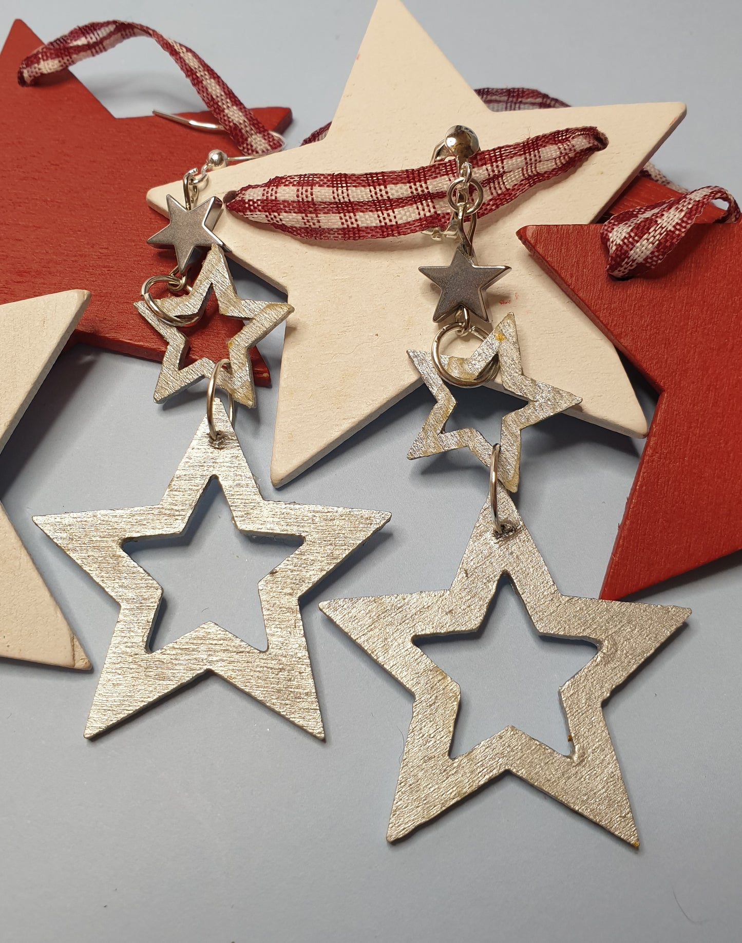 Wooden Triple Star Earrings. Nickel Free Wires or Clip Ons