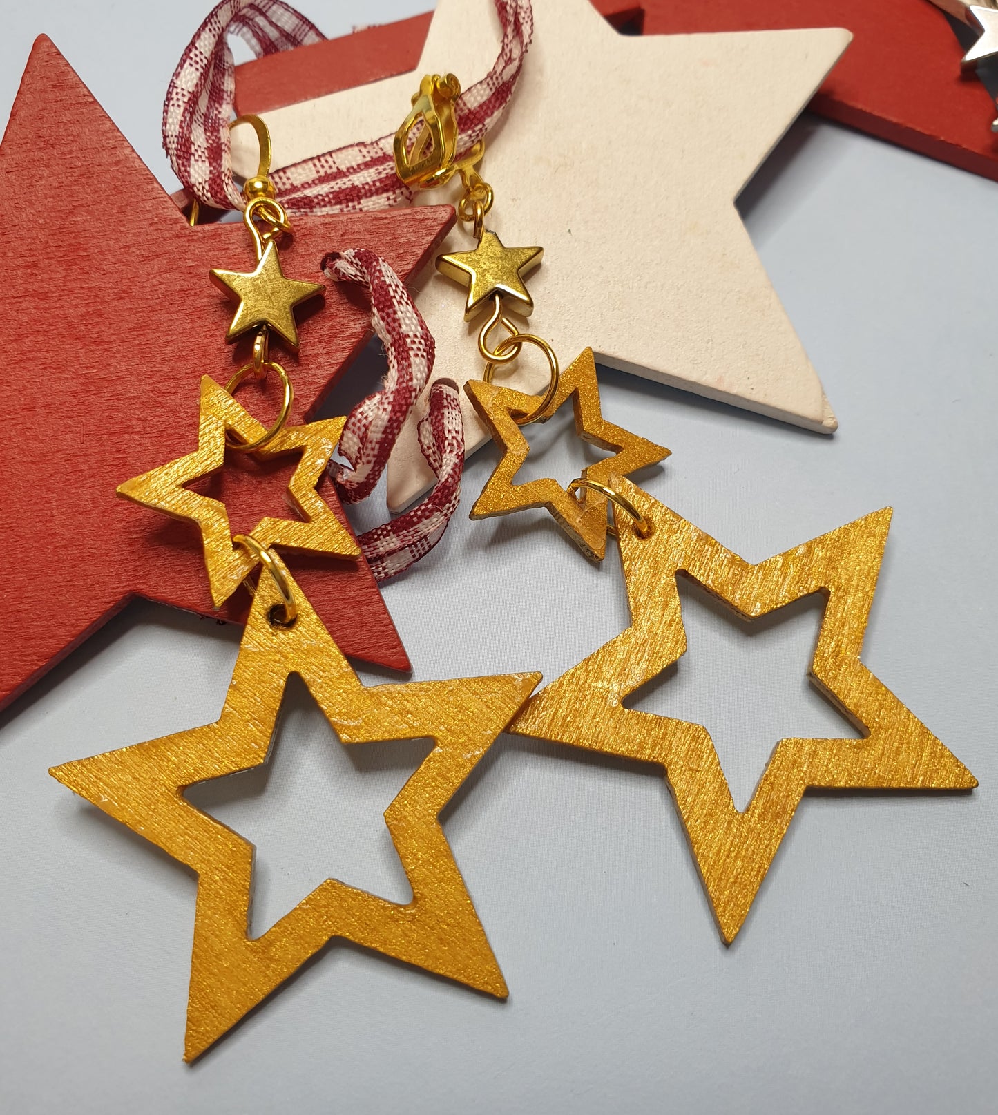 Wooden Triple Star Earrings. Nickel Free Wires or Clip Ons