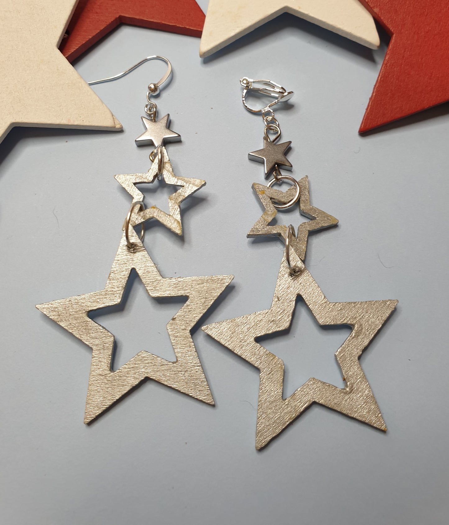 Wooden Triple Star Earrings. Nickel Free Wires or Clip Ons