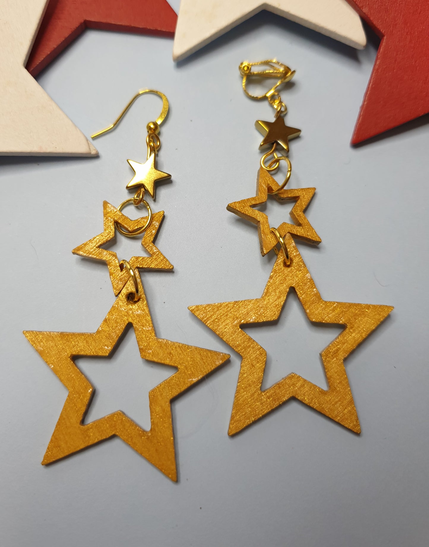 Wooden Triple Star Earrings. Nickel Free Wires or Clip Ons
