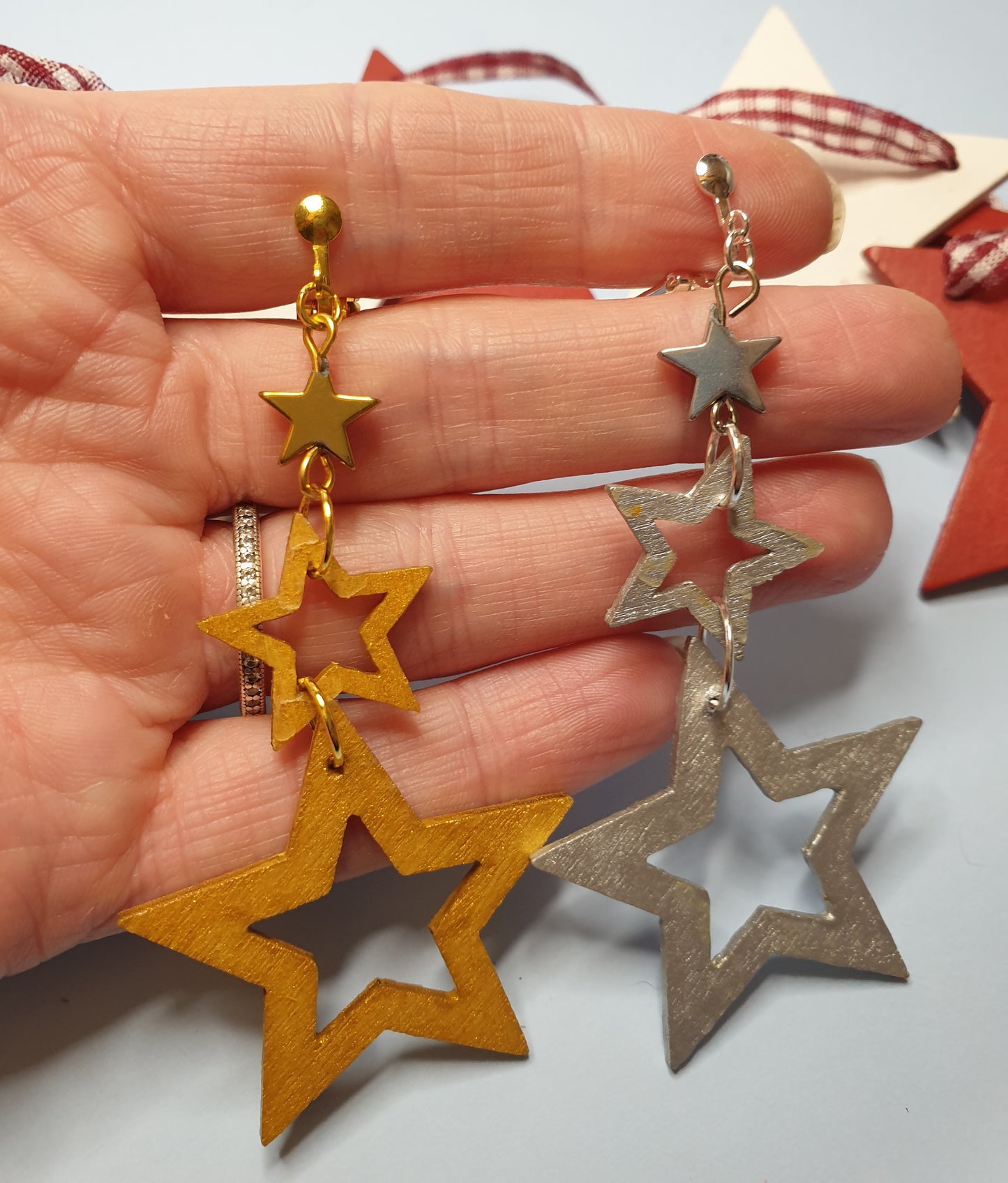 Wooden Triple Star Earrings. Nickel Free Wires or Clip Ons