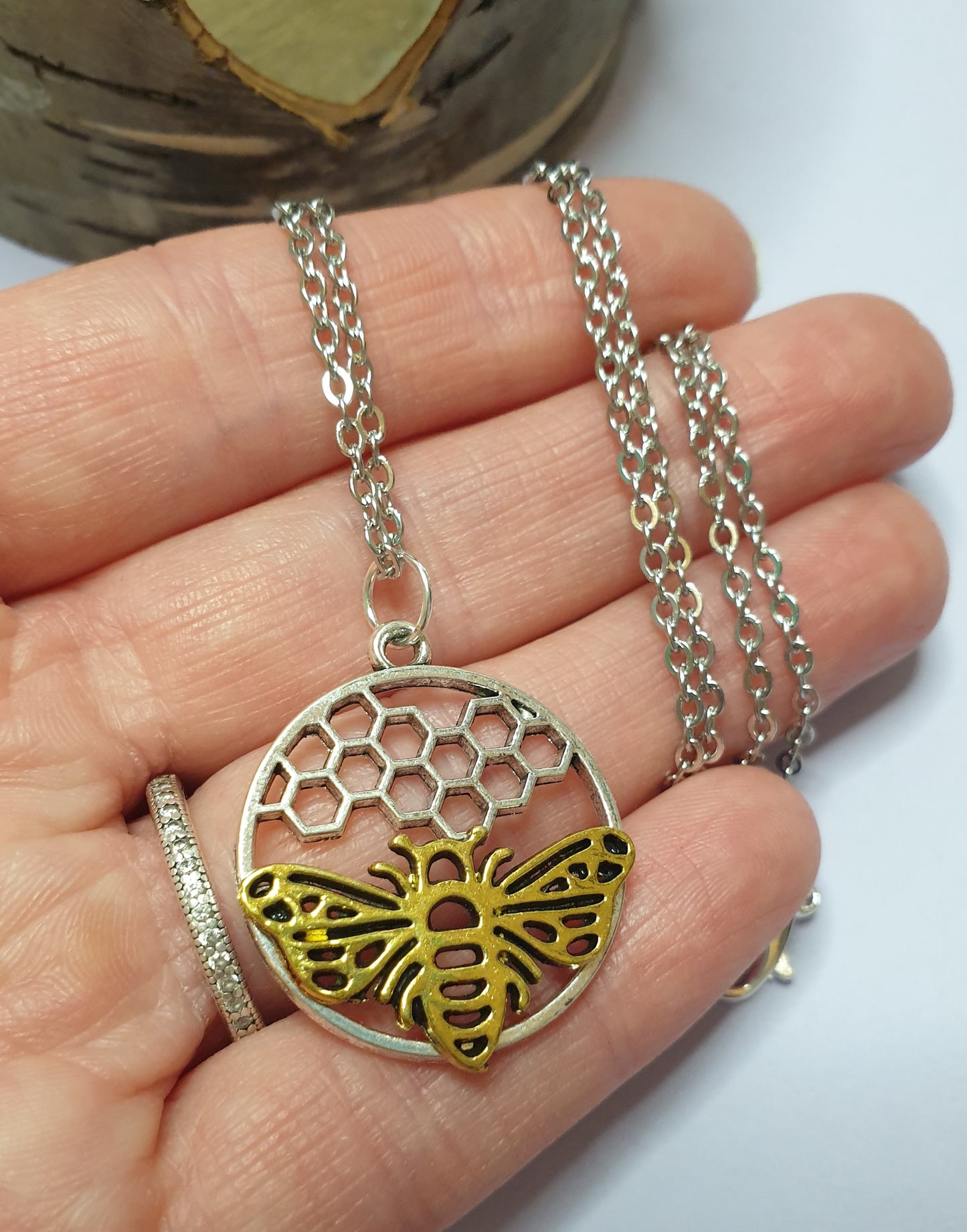 2 Tone Bee and Honeycomb Necklace with Gold or Silver Chain