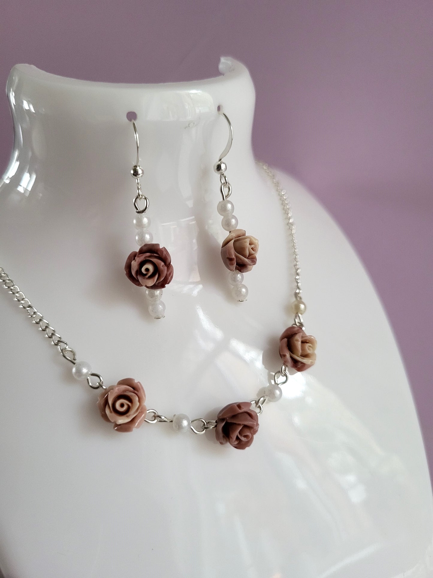 Pink Rose and Faux Pearl Earring and Necklace Set. One of a Kind