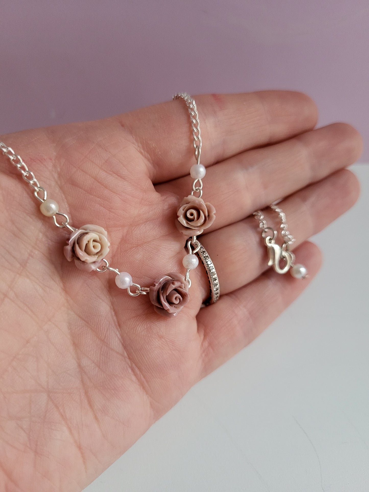Pink Rose and Faux Pearl Earring and Necklace Set. One of a Kind