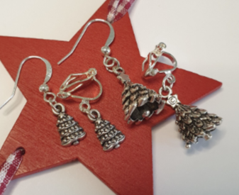 Christmas Tree Earrings. Silver, Xmas, Clip On, Hypoallergenic, Allergy, Nickel, Lead Free. Gift, Star
