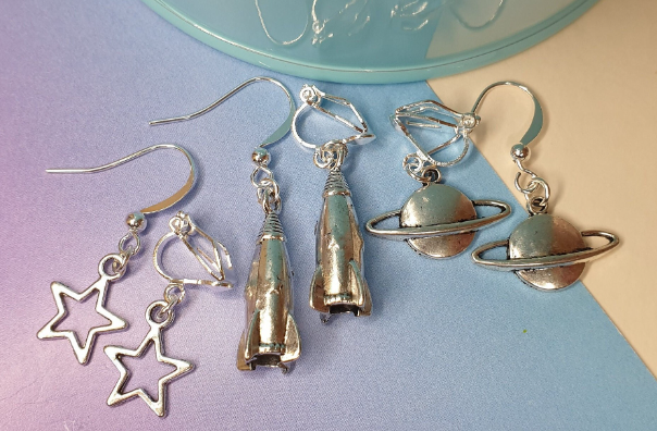 Small Silver Star Outline, Rocket and Planet Earrings. Space, Gift, Cute, Little. Clip On, Hypoallergenic, Allergy, Lead, Nickel Free
