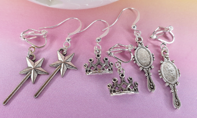 Hand Held Mirror, Magic Wand, Tiara / Crown Silver Earrings. Fairytale, Princess, Gift, Clip On, Hypoallergenic, Allergy, Lead, Nickel Free