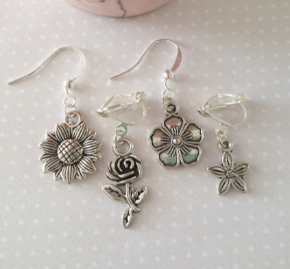 Flower Earrings, Sunflower, Rose, Forget Me Not Silver. Summer, Flowers, Gift, Floral. Clip On, Hypoallergenic, Allergy, Lead, Nickel Free