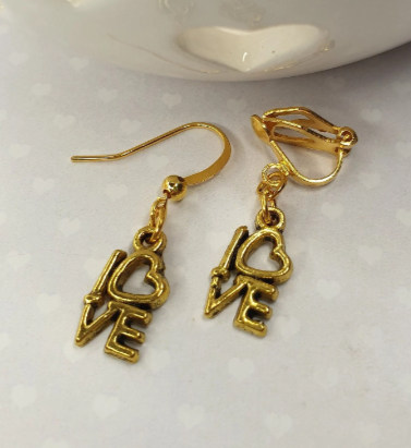 Love Earrings in Gold Tone. Valentines Gift, Anniversary Gift, Jewellery, Heart, Hypoallergenic, Nickel, Allergy Free. Clip On Earrings