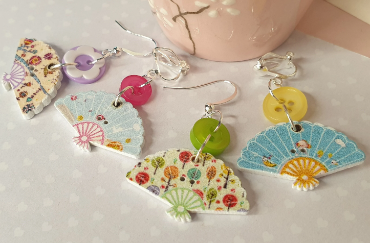 Pretty Wooden Fan Earrings. Unusual, Summer, Clip On, Hypoallergenic Allergy Free Lead and Nickel Free Stocking Filler