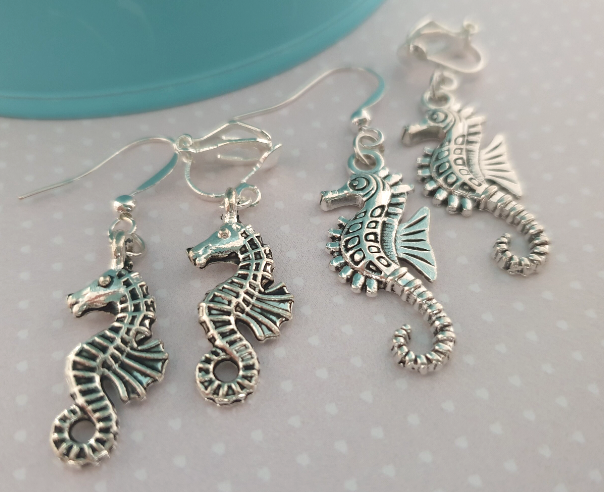 Seahorse Silver Earrings. Sea Horse, Sealife, Ocean, Animals. Clip On, Hypoallergenic, Allergy, Lead, Nickel Free. Gift for Her. Summer