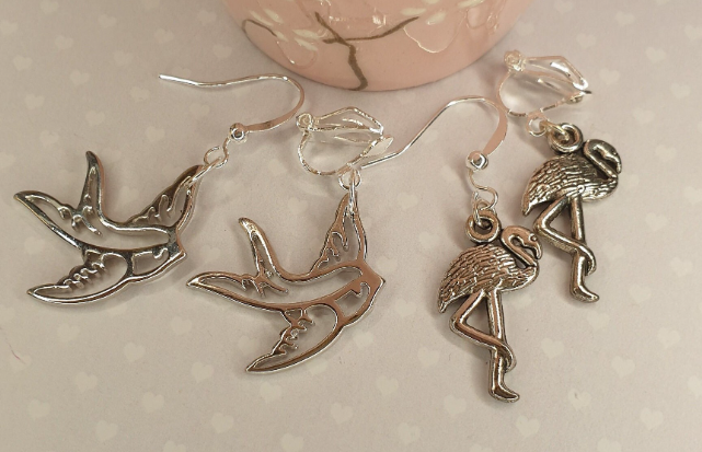 Swallow or Flamingo Earrings Birds, Clip On, Hypoallergenic, Lead Nickel Allergy Free Traditional Tattoo Flamingos Mothers Day