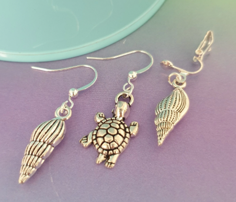 Turtle or 3D Seashell Silver Earrings. Shell, Beach, Sea, Summer, Gift. Clip Ons, Hypoallergenic, Allergy, Lead,Nickel Free