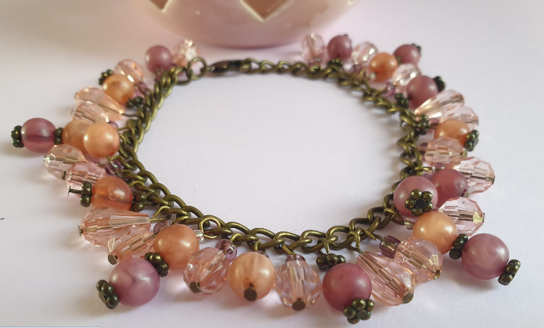 Pink and Bronze Beaded Charm Bracelet. Recycled Jewellery