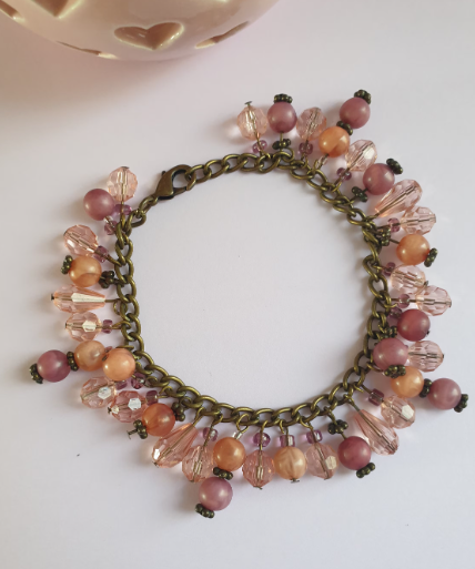 Pink and Bronze Beaded Charm Bracelet. Recycled Jewellery