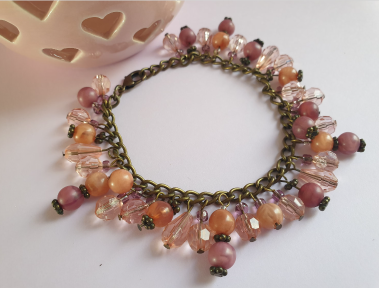 Pink and Bronze Beaded Charm Bracelet. Recycled Jewellery