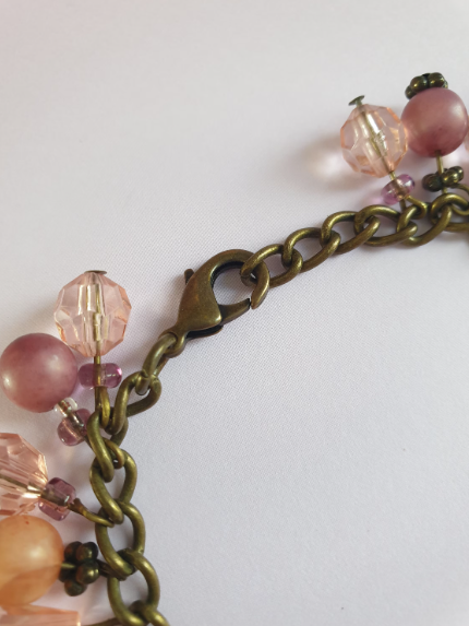 Pink and Bronze Beaded Charm Bracelet. Recycled Jewellery
