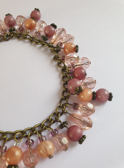 Pink and Bronze Beaded Charm Bracelet. Recycled Jewellery