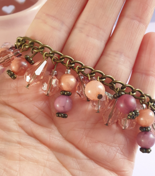 Pink and Bronze Beaded Charm Bracelet. Recycled Jewellery