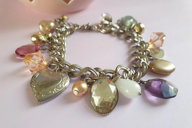 Silver Tone Beaded Charm Bracelet with Heart Locket. Recycled Jewellery