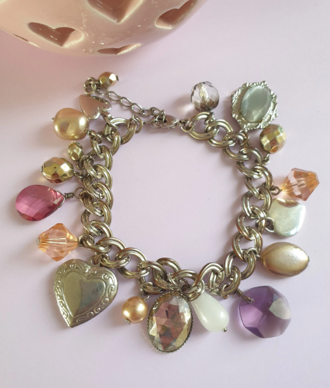 Silver Tone Beaded Charm Bracelet with Heart Locket. Recycled Jewellery