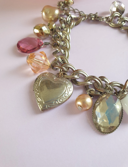 Silver Tone Beaded Charm Bracelet with Heart Locket. Recycled Jewellery
