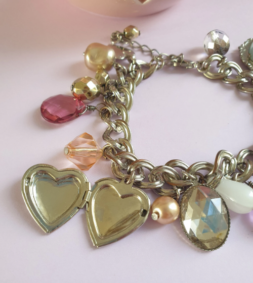Silver Tone Beaded Charm Bracelet with Heart Locket. Recycled Jewellery