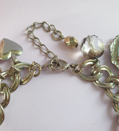 Silver Tone Beaded Charm Bracelet with Heart Locket. Recycled Jewellery