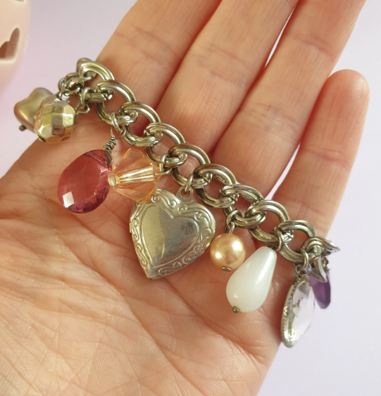 Silver Tone Beaded Charm Bracelet with Heart Locket. Recycled Jewellery