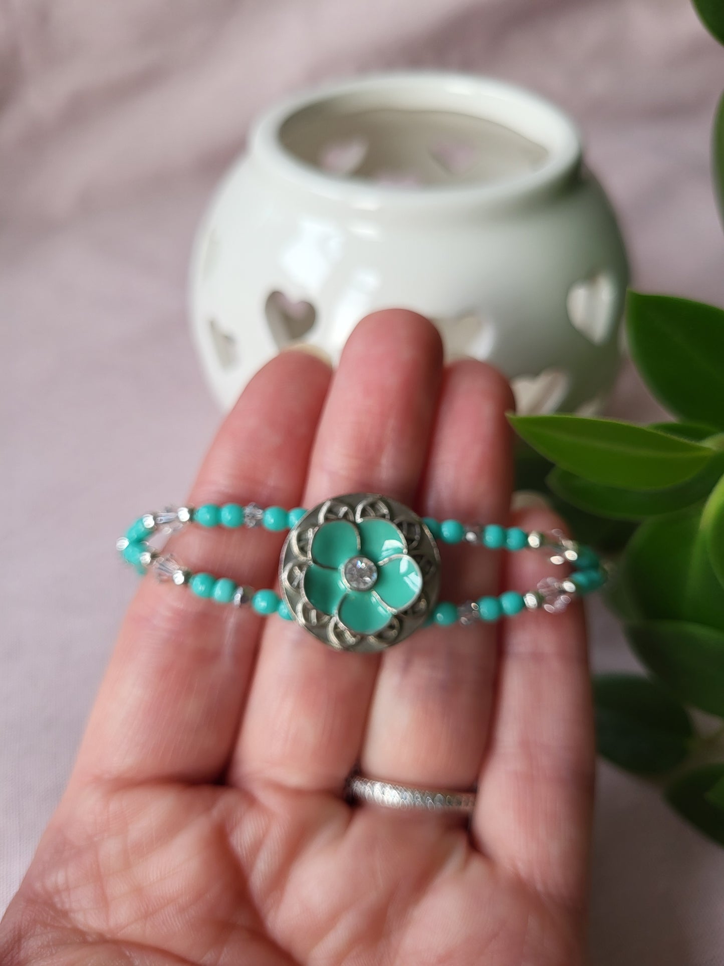 Upcycled Turquoise and Silver Beaded Bracelet with Flower Detail