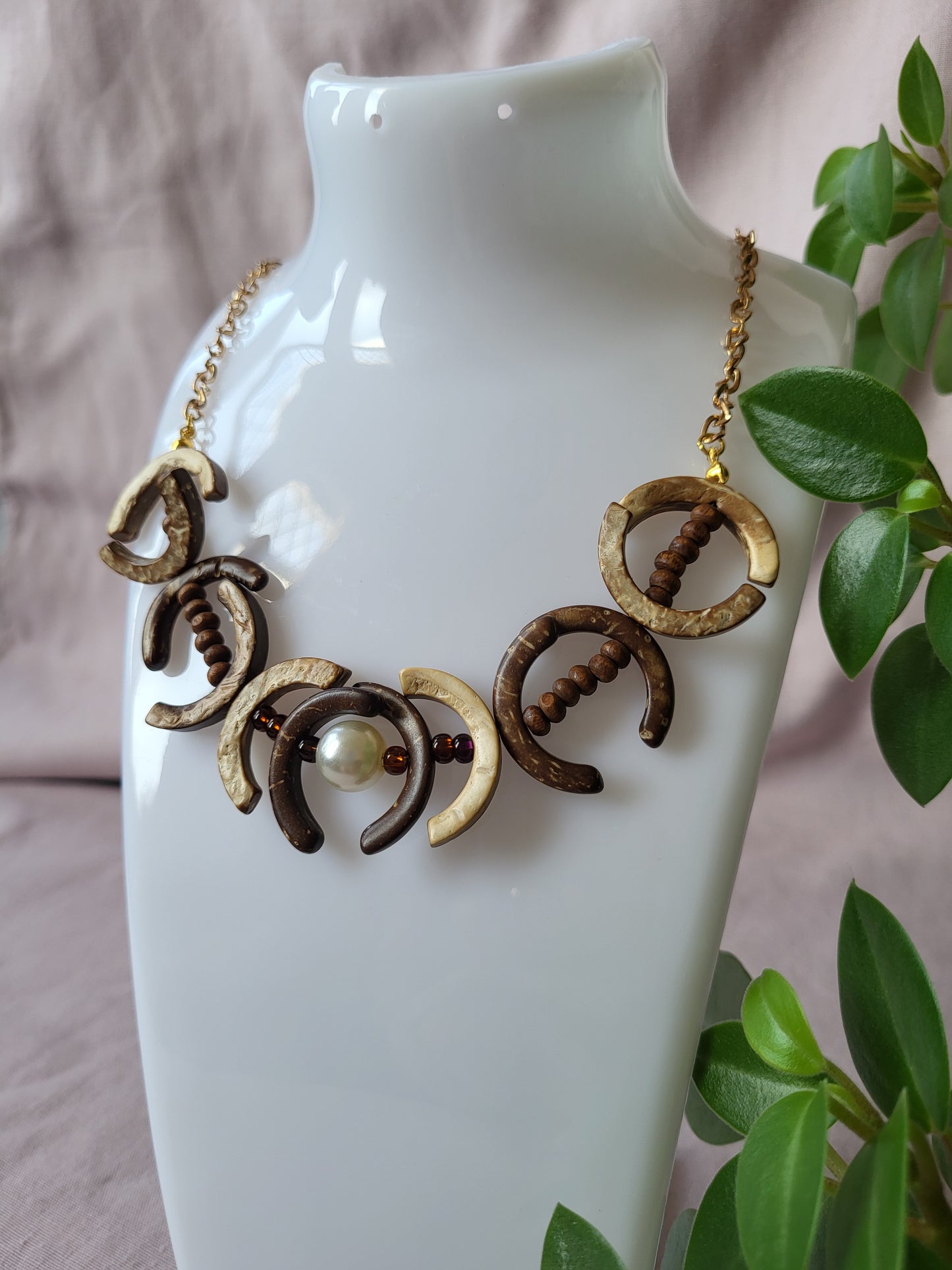 One of a Kind Upcycled Wooden Bib Necklace with Faux Pearl Detail