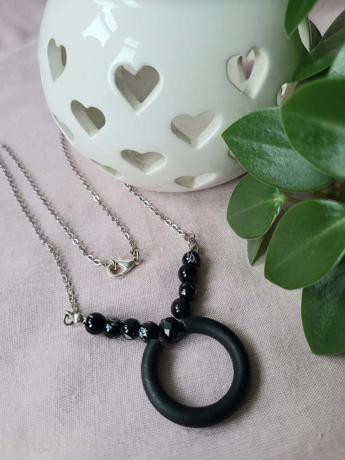 Black and White Beaded Upcycled Necklace with Silver Chain and Black Ring Pendant