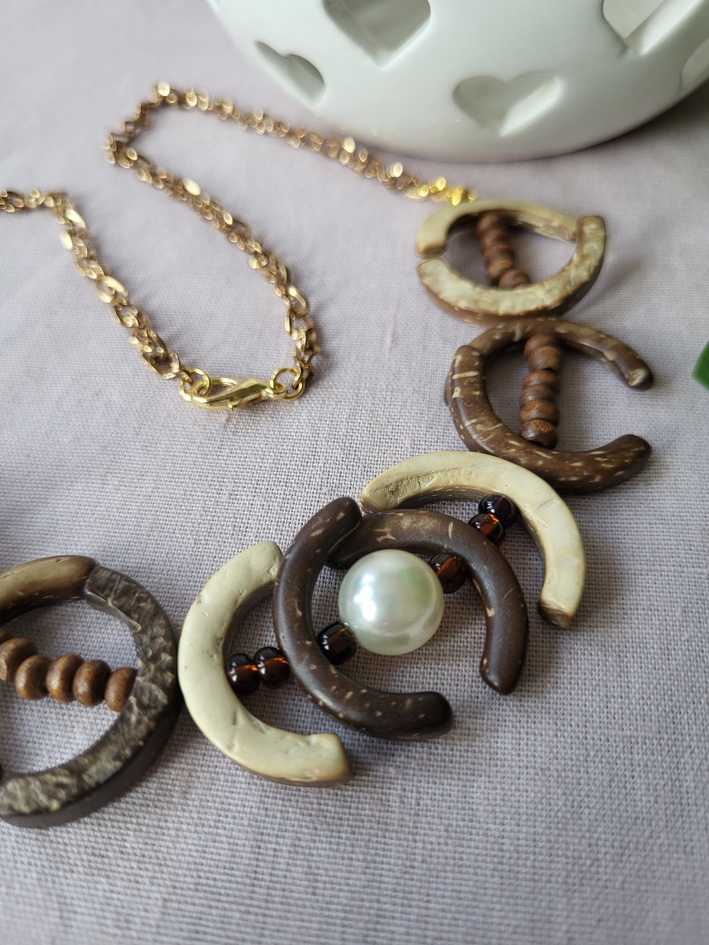 One of a Kind Upcycled Wooden Bib Necklace with Faux Pearl Detail