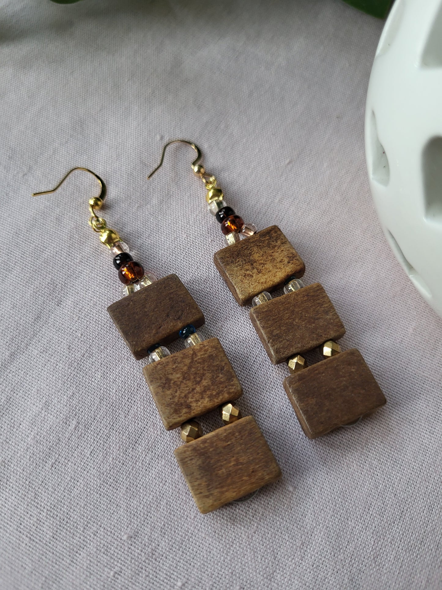 Upcycled Wooden Butterfly Statement Earrings with Bead Detail. Nickel Free Wires or Clip On