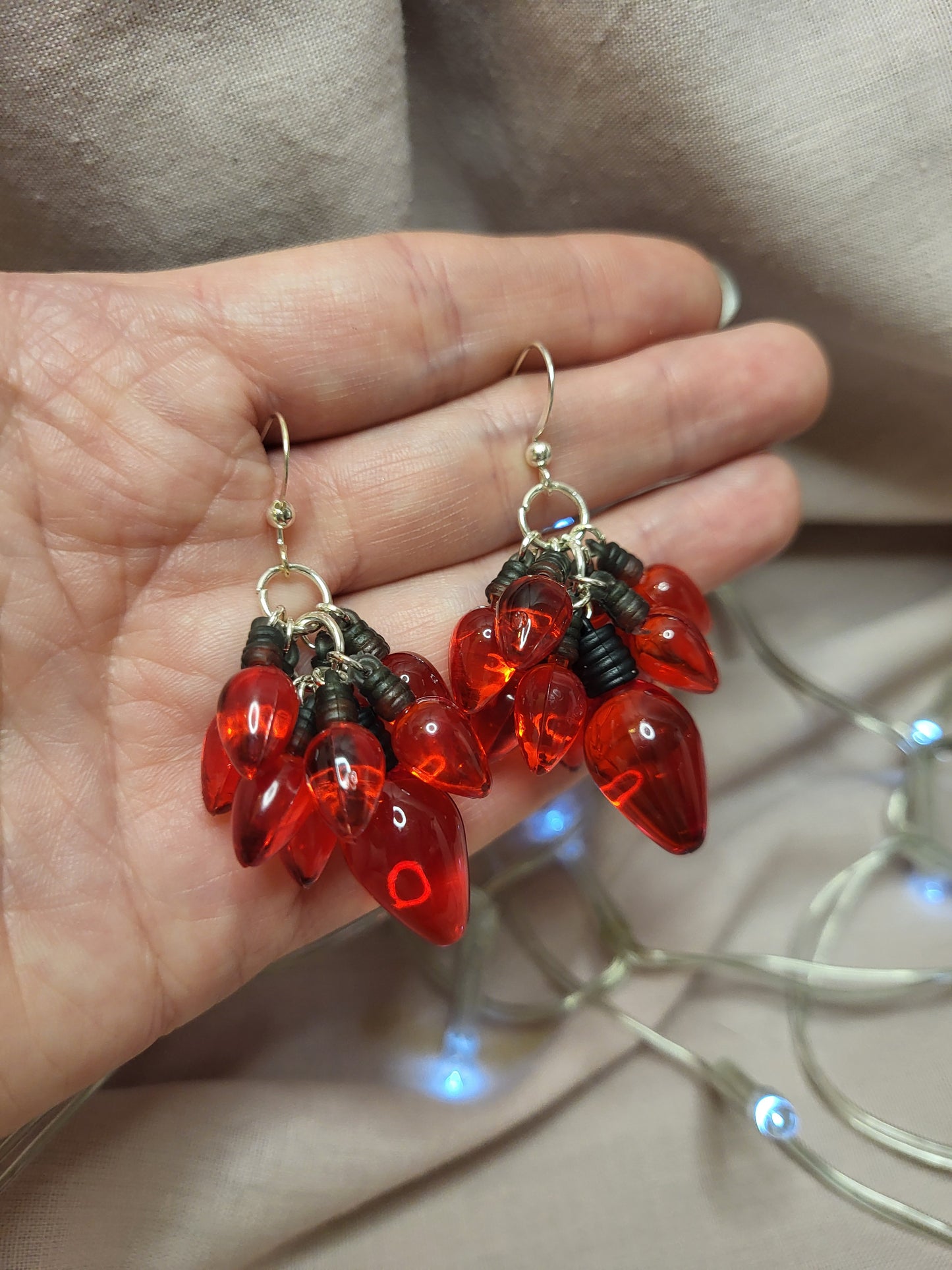 Red Christmas Light Statement Earrings. Clip On or Nickel Free Wires. Fairy Light Earrings. Red Christmas Jewellery