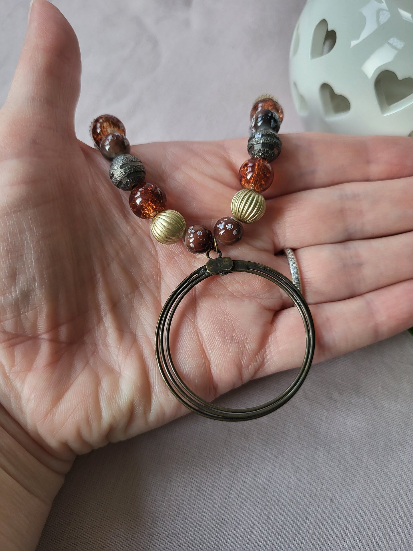 Brown and Gold Upcycled Statement Necklace with Circle Pendant. One of a Kind