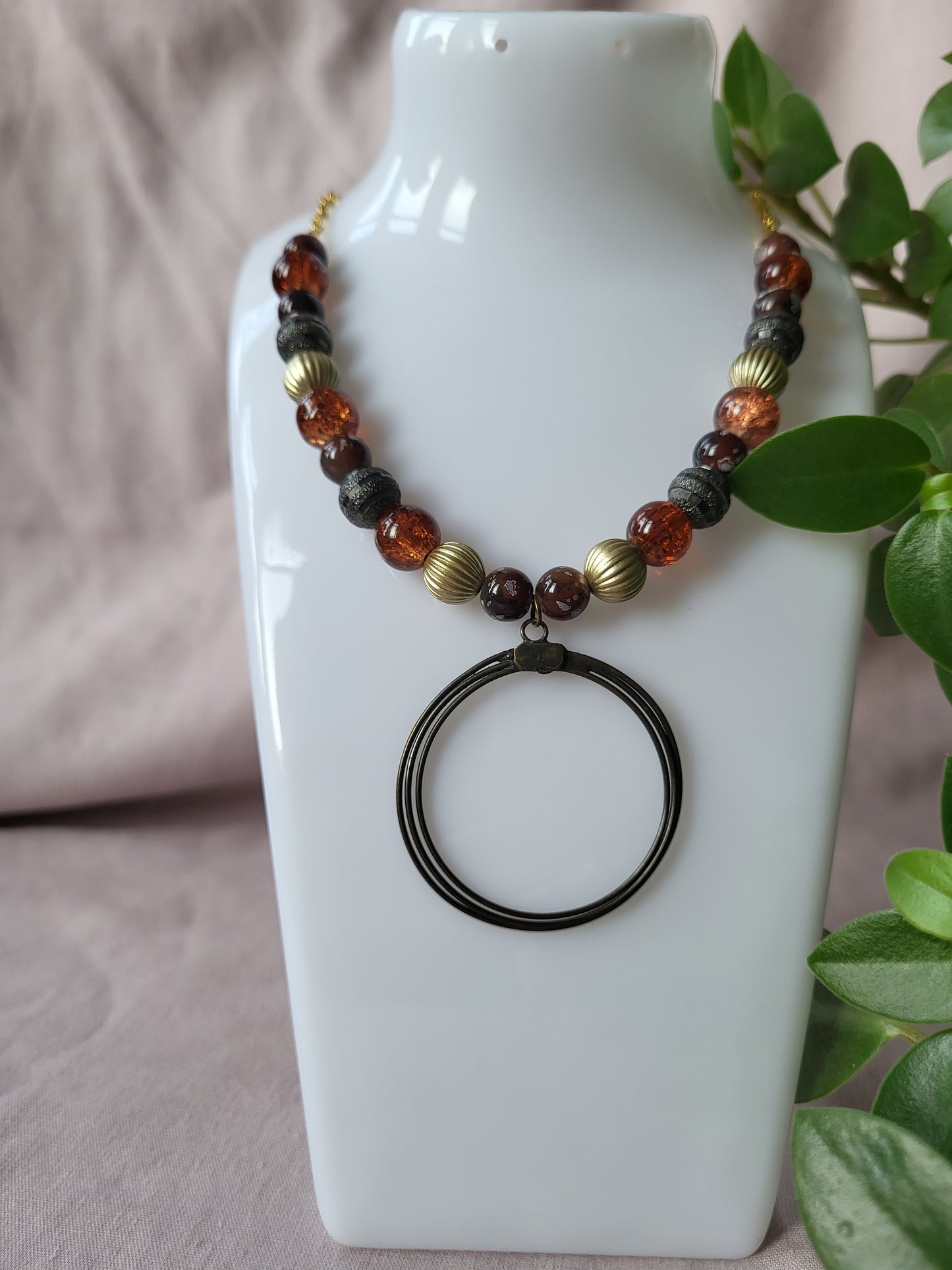 Brown and Gold Upcycled Statement Necklace with Circle Pendant. One of a Kind