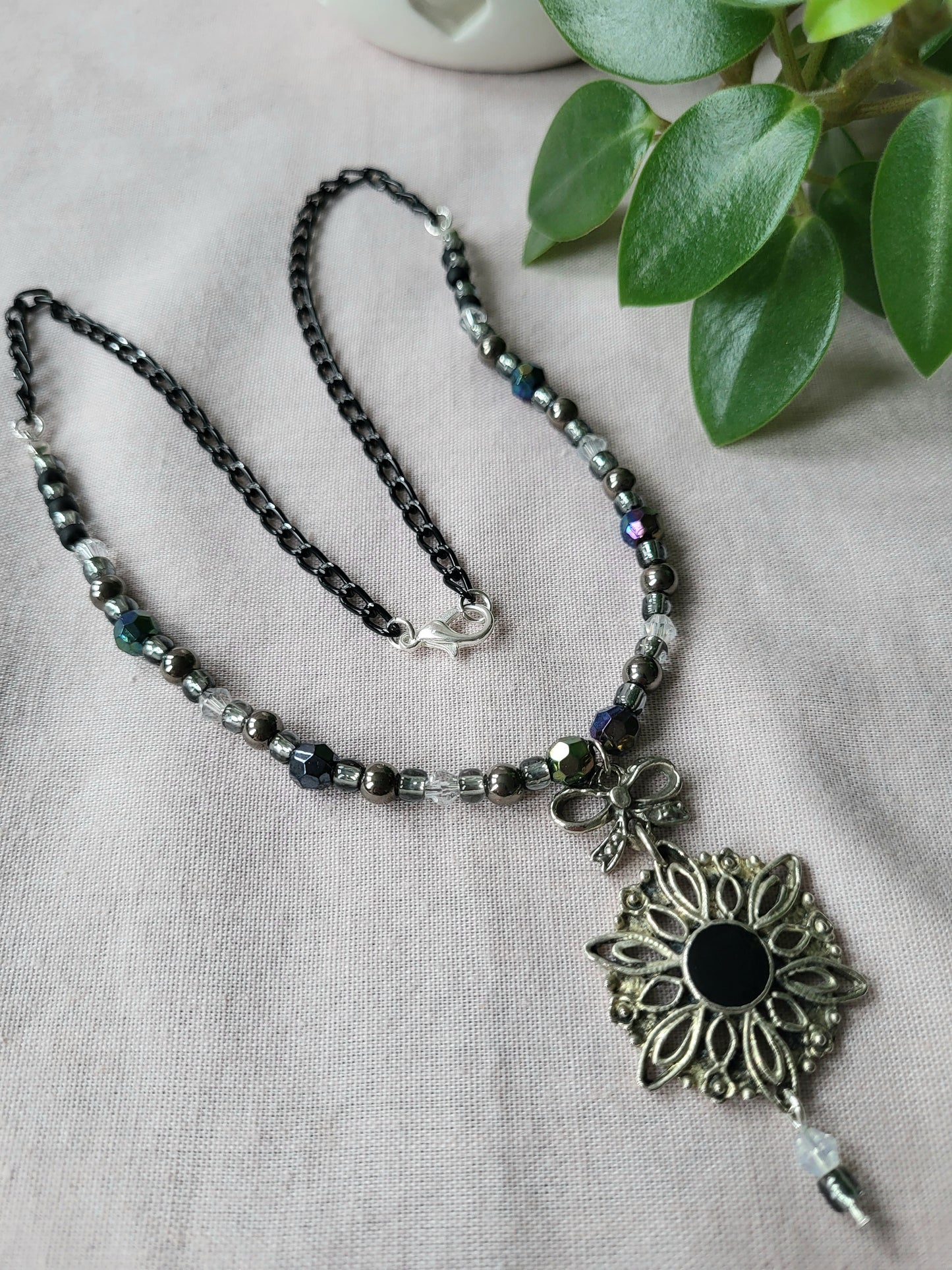 Black and Silver Upcycled Beaded Bib Necklace with Bow Detail