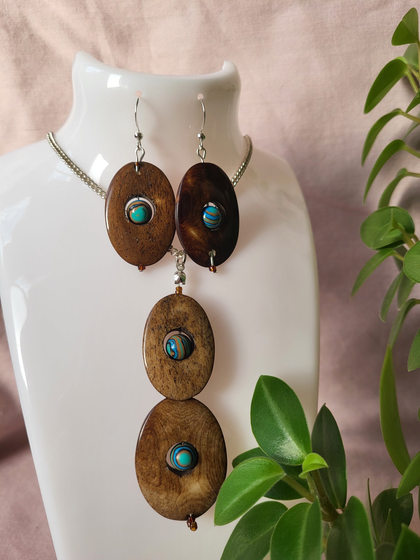 Wood Effect Oval Earrings with Blue Malachite Centre. Upcycled and One of a Kind. Clip On or Nickel Free Wires