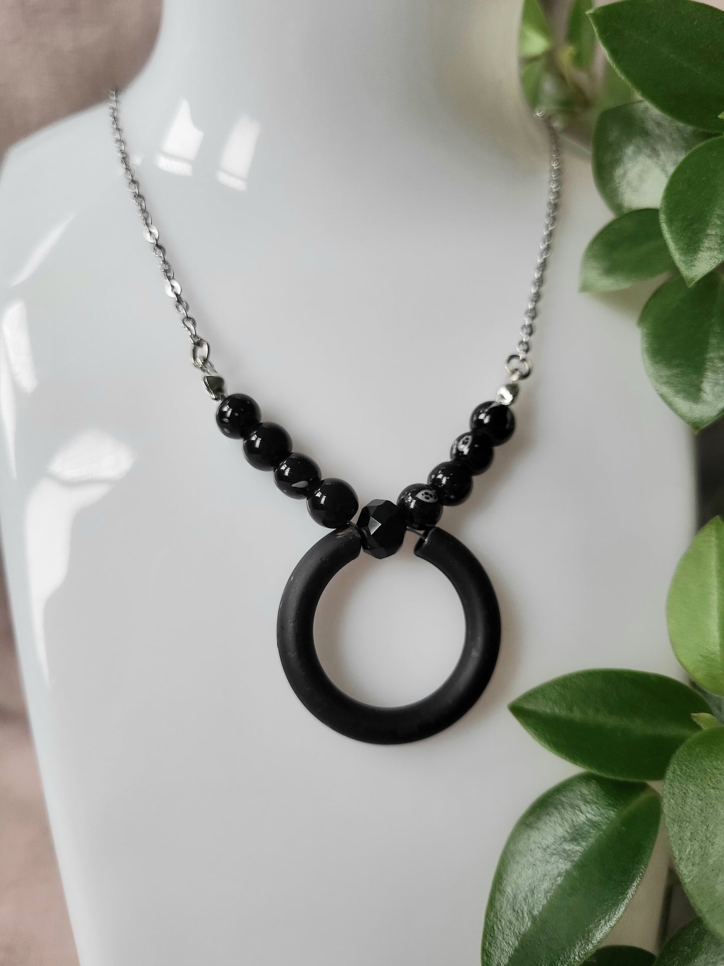 Black and White Beaded Upcycled Necklace with Silver Chain and Black Ring Pendant