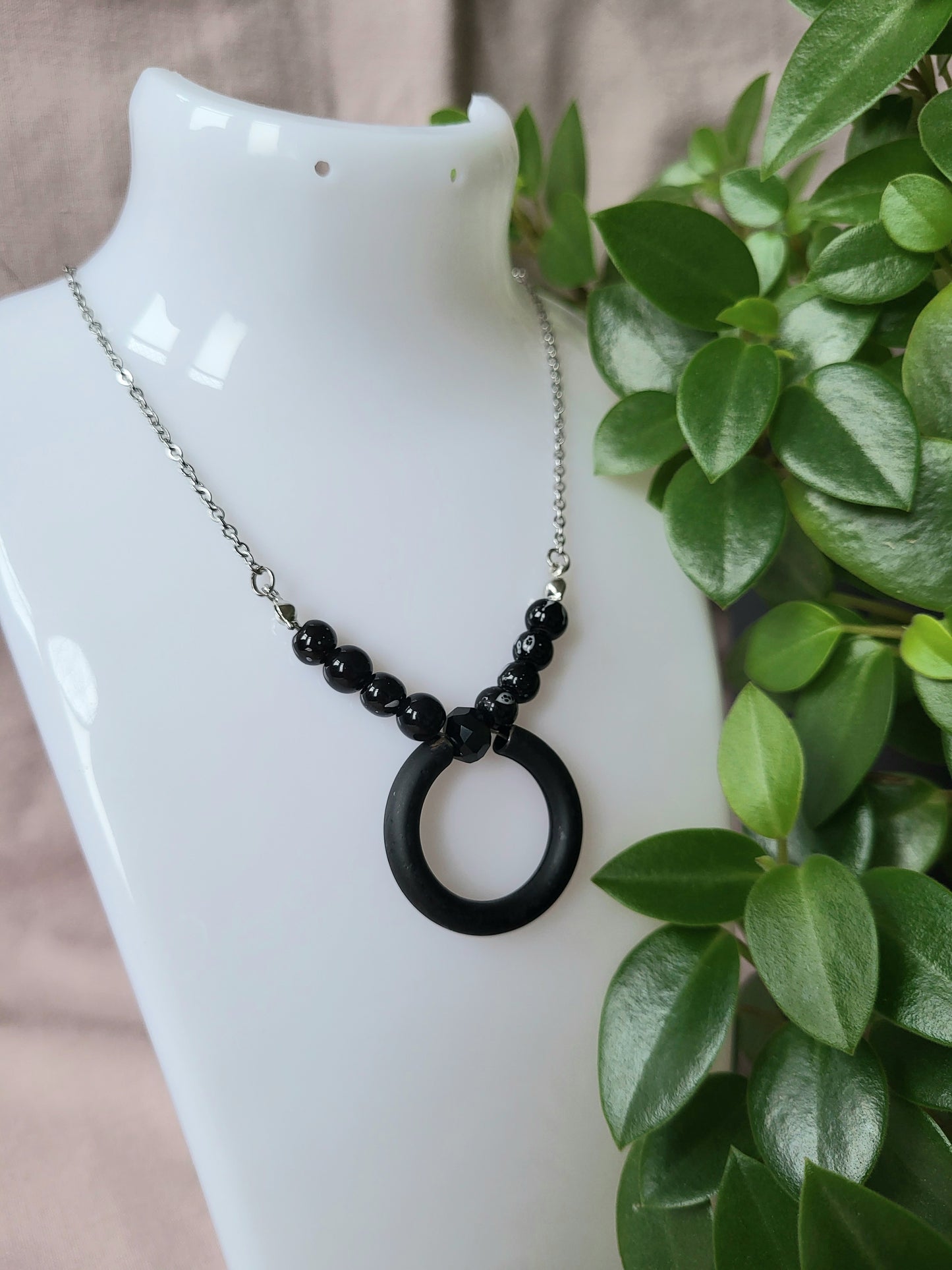 Black and White Beaded Upcycled Necklace with Silver Chain and Black Ring Pendant