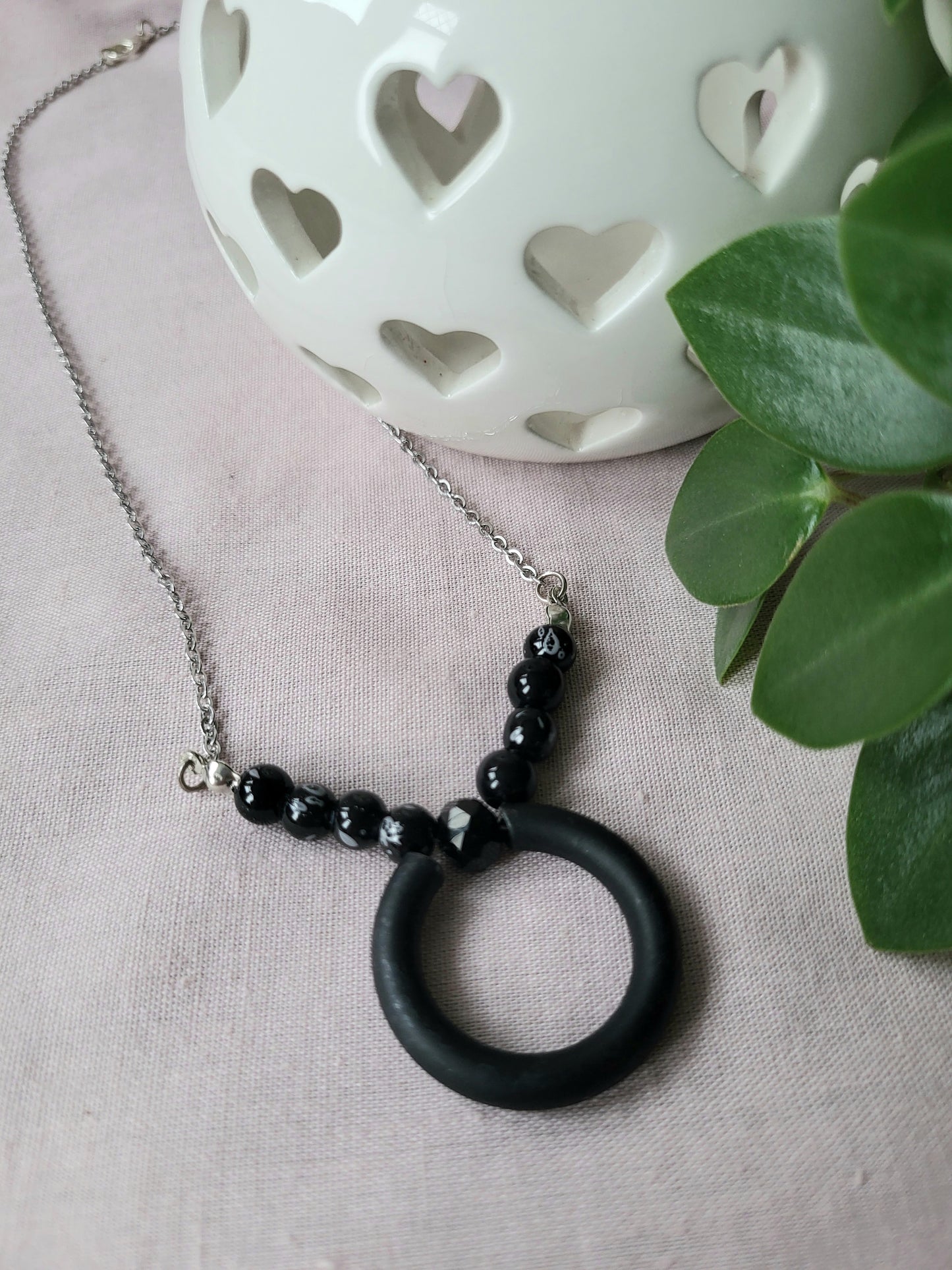Black and White Beaded Upcycled Necklace with Silver Chain and Black Ring Pendant