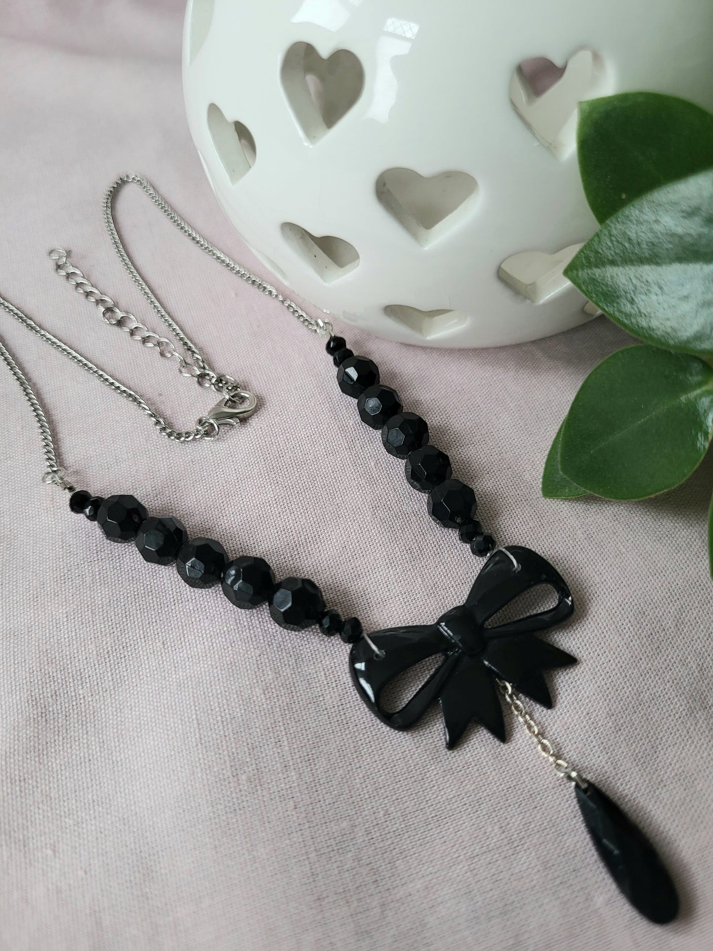 Black Bow Upcycled Beaded Bib Necklace
