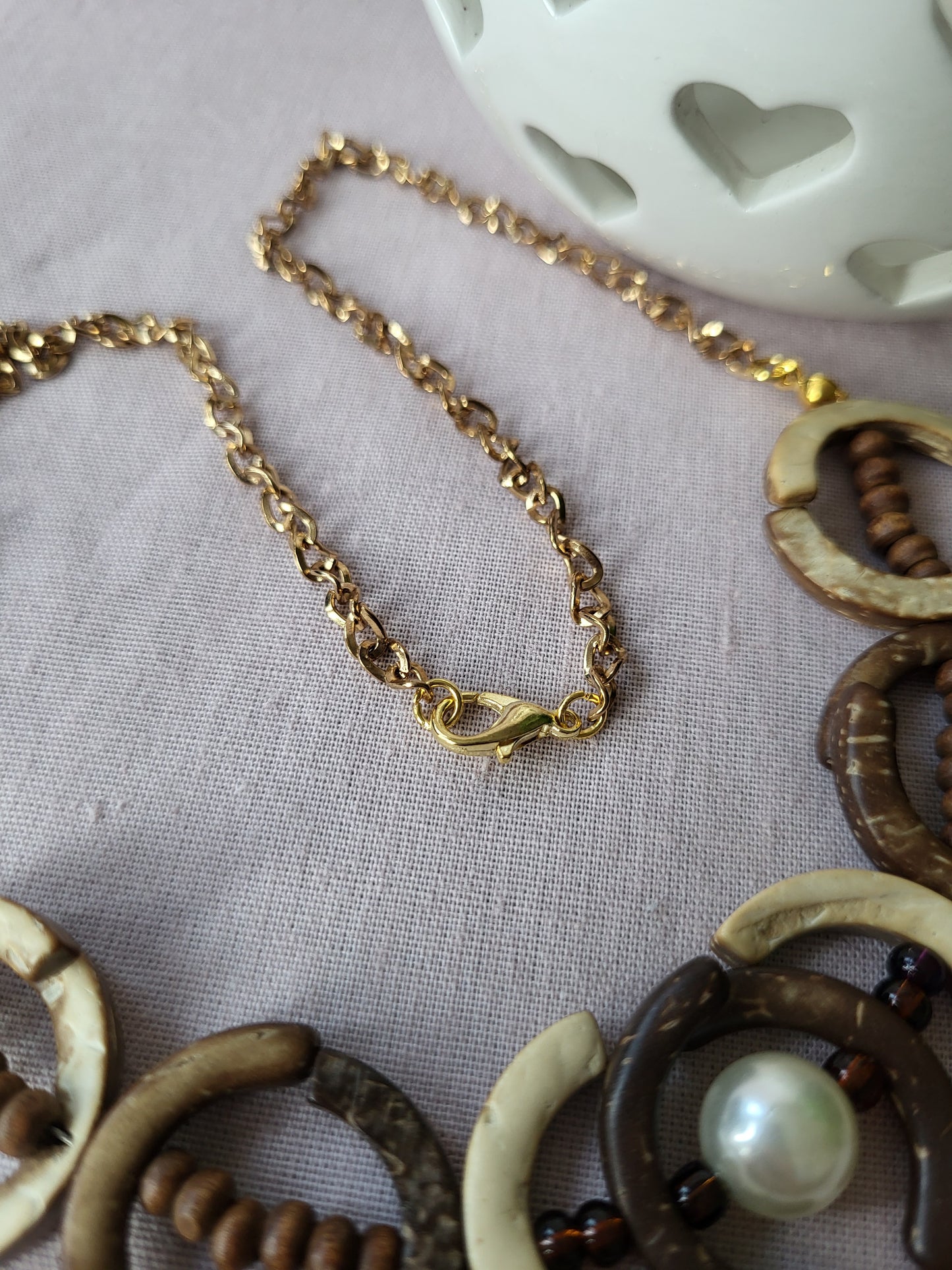 One of a Kind Upcycled Wooden Bib Necklace with Faux Pearl Detail