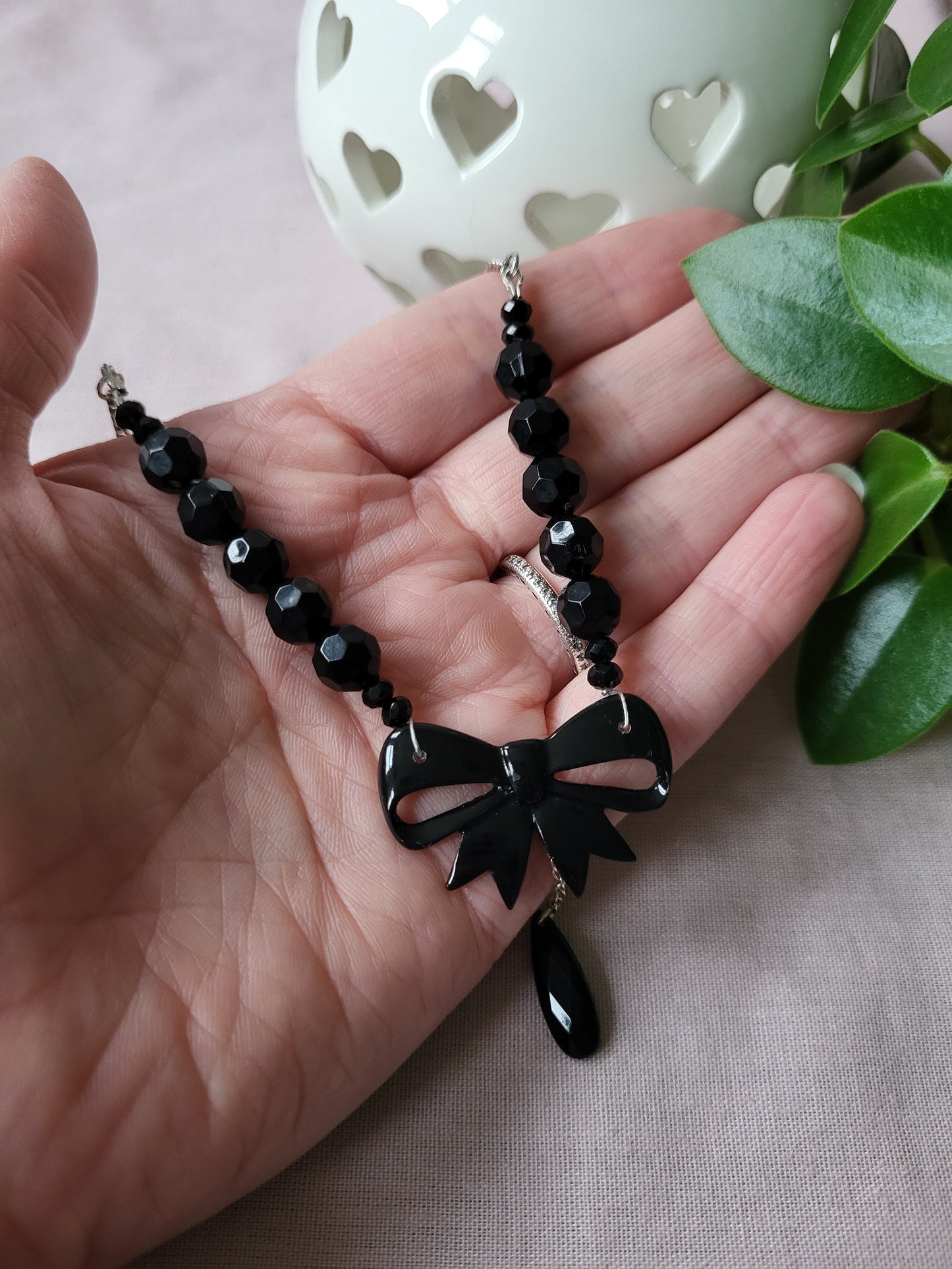 Black Bow Upcycled Beaded Bib Necklace
