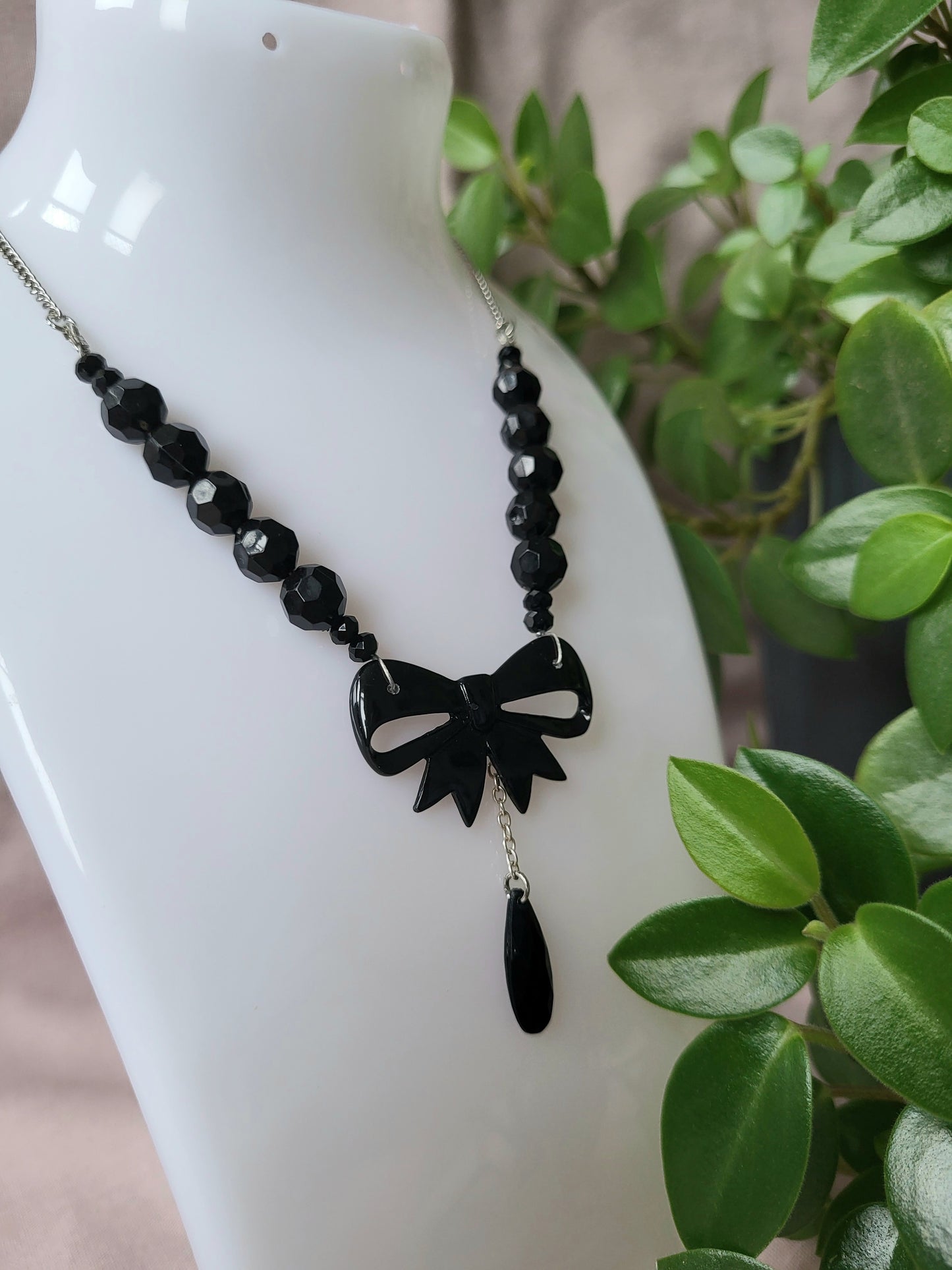 Black Bow Upcycled Beaded Bib Necklace
