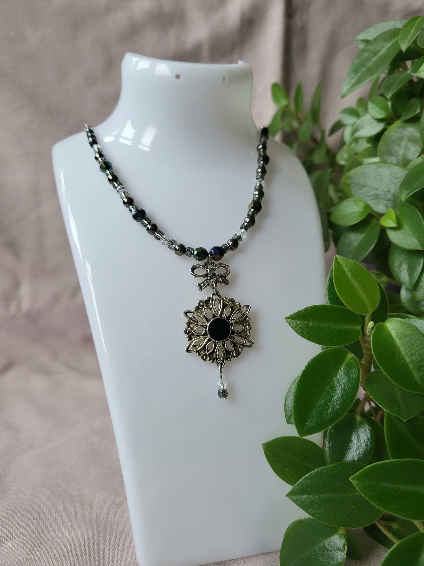 Black and Silver Upcycled Beaded Bib Necklace with Bow Detail