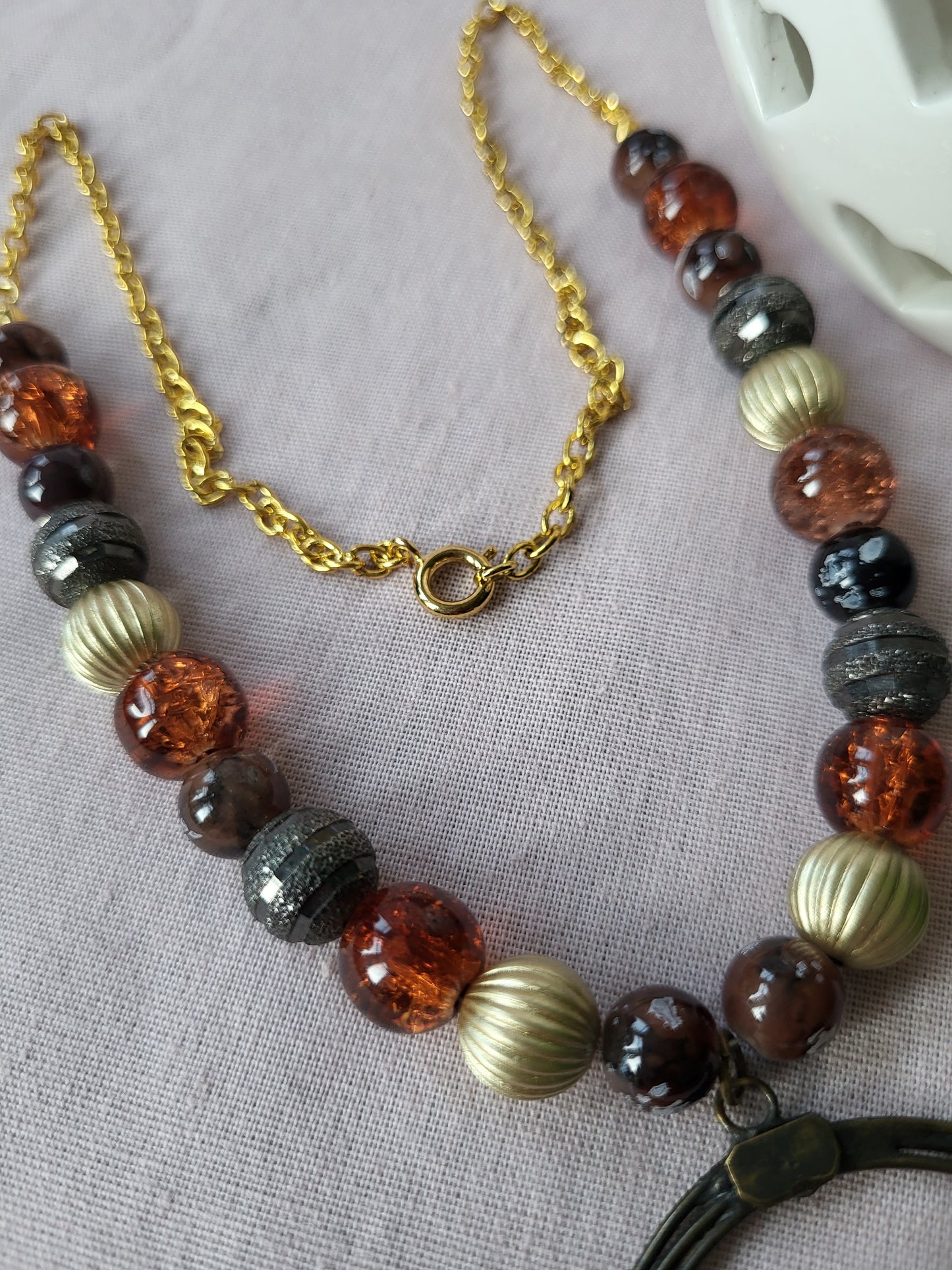 Brown and Gold Upcycled Statement Necklace with Circle Pendant. One of a Kind