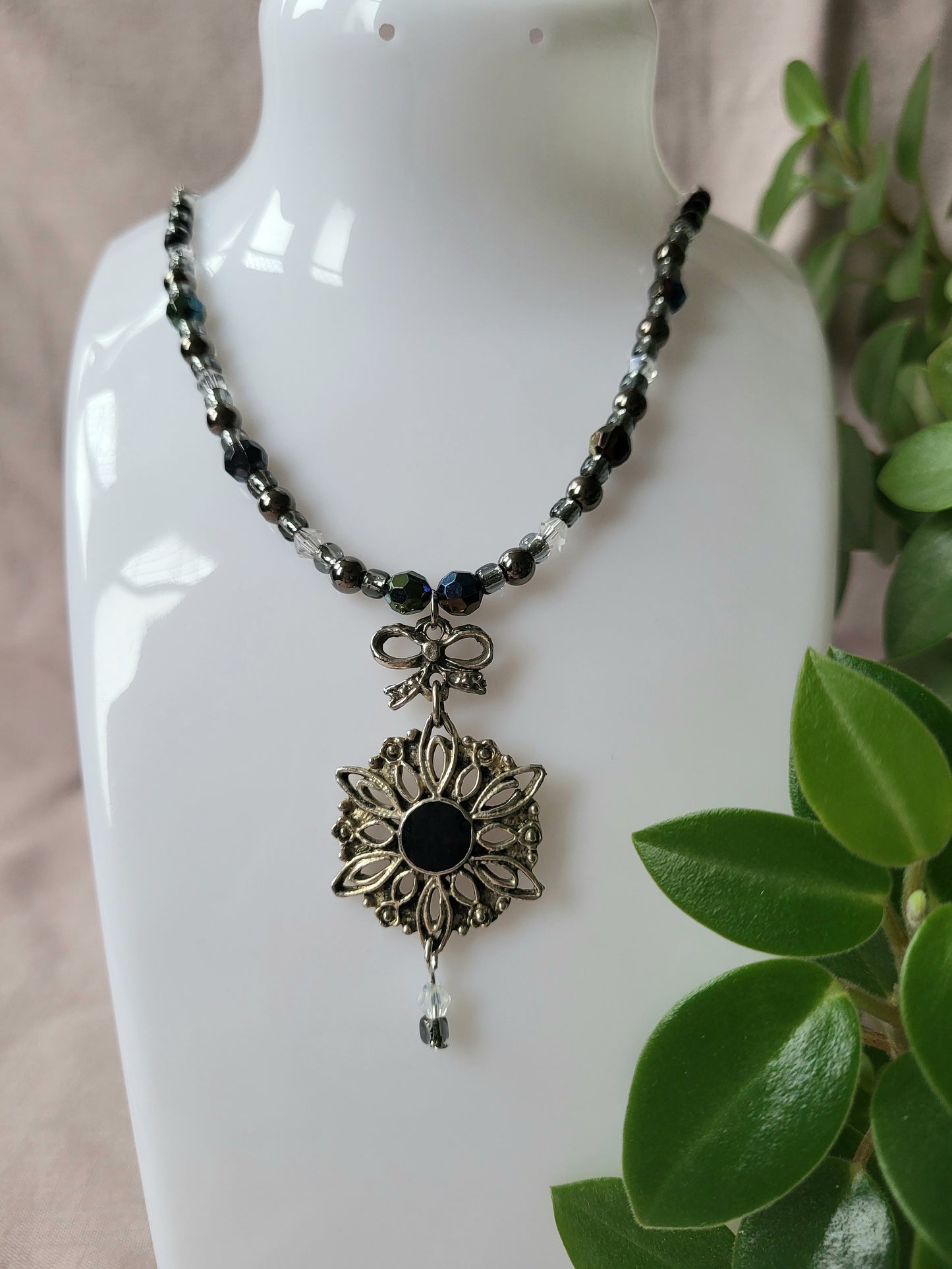 Black and Silver Upcycled Beaded Bib Necklace with Bow Detail