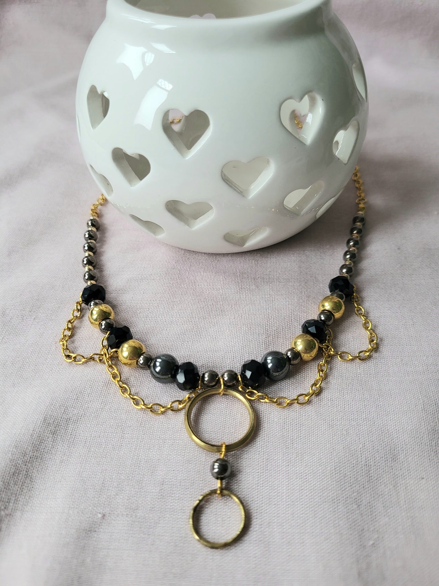 Black and Gold Upcycled Beaded Bib Necklace with Double Ring Drop Pendant and Chain Detail